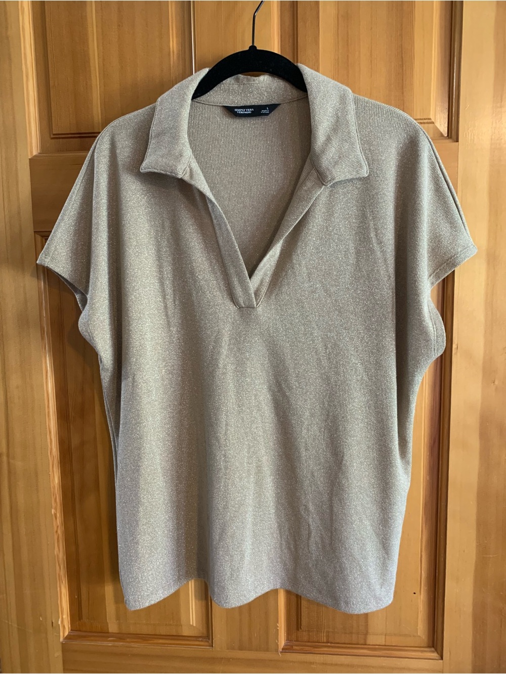 Simply Vera Vera Wang Metallic Taupe Collared V-Neck Knit Top